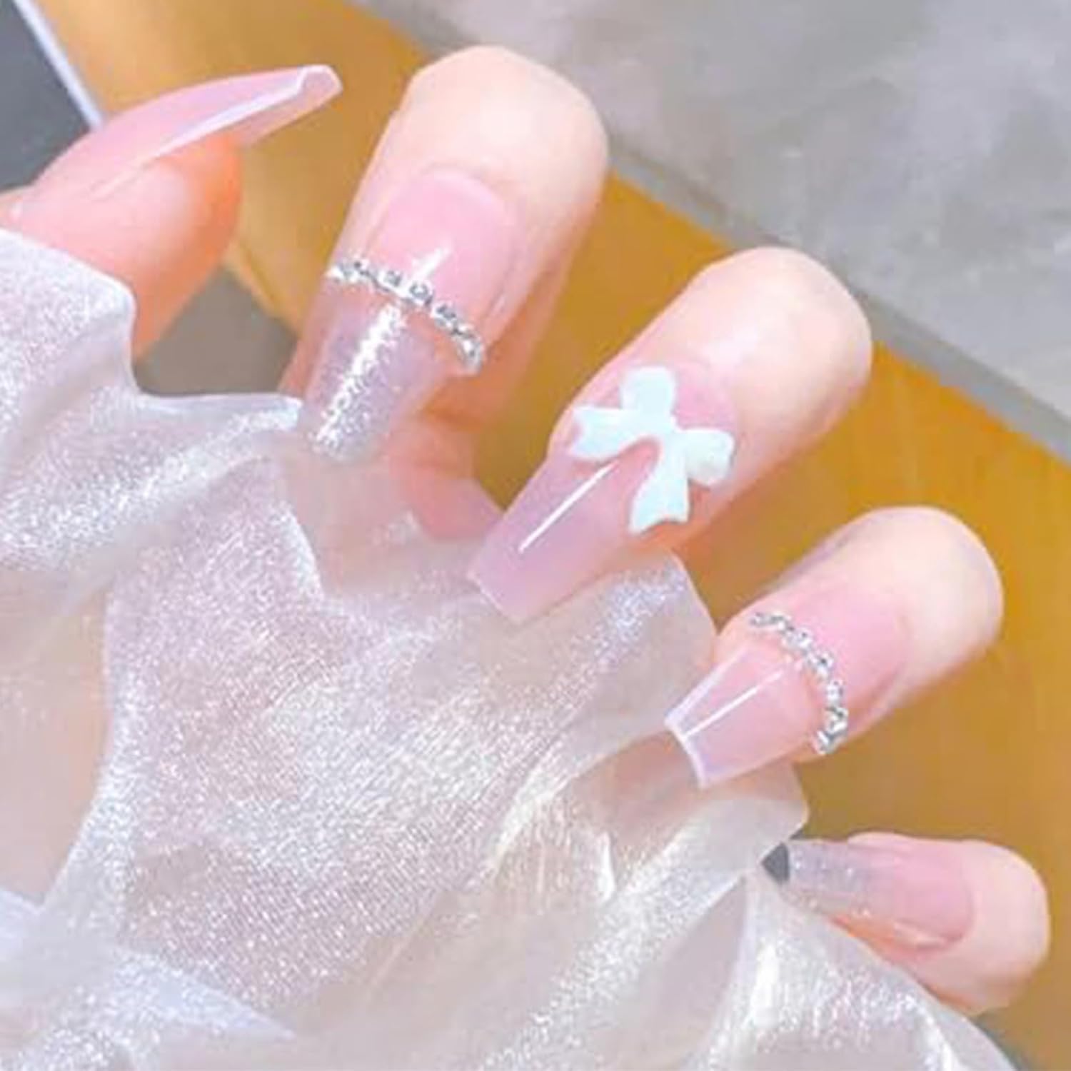 24 Pcs Gradient French Manicure Kit Heart & Imitation Pearl Décor Artificial False Full Cover Nail Tips Design
