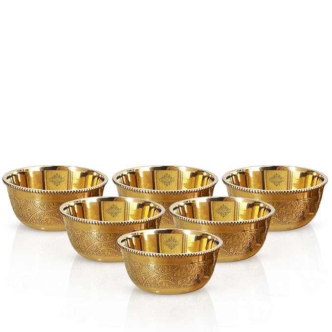 INDIAN ART VILLA Pure Brass Embossed Design Flat Bottom Bowl, Decorative Dinnerware, Tableware and Serveware for Home Hotel Restaurant, Volume-220 ml, Set of 6