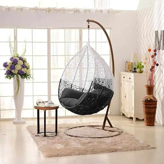 Swing Chair for Adult for Home with Stand & Cushion Perfect for Indoor & Outdoor Use in Living Room, Garden Hammock Sturdy Metal Powder Coated, UV Protected(Black & White)