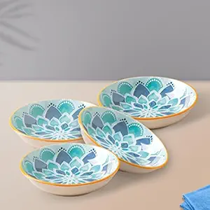 Nestasia Ceramic Round Snack Plate Set of 4 (5.5 Inch Each) - Floral Dahi Bhalla Plate for Serving Chaat, Halwa, Chakna, & Desserts | Microwave & Dishwasher Safe Small Plate (Blue)