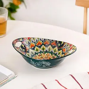 Nestasia Mandala Ceramic Serving Bowl with Handles (400 ml) - Microwave & Dishwasher Safe Pasta Bowl | Floral Bowl with Glossy Finish - Ideal for Soup, Curries, Snacks, Salad & Noodles (Green)