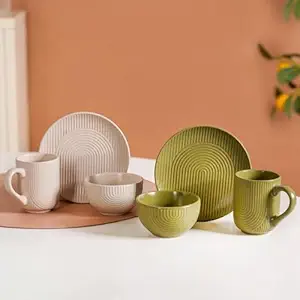 Nestasia Ceramic Breakfast Set of 6 - Embossed Plate, Bowl & Mug Combo for Snacks | Microwave & Dishwasher Safe, 100% Food Safe Dinner Set - Ideal for Gifting (Cream & Olive Green)