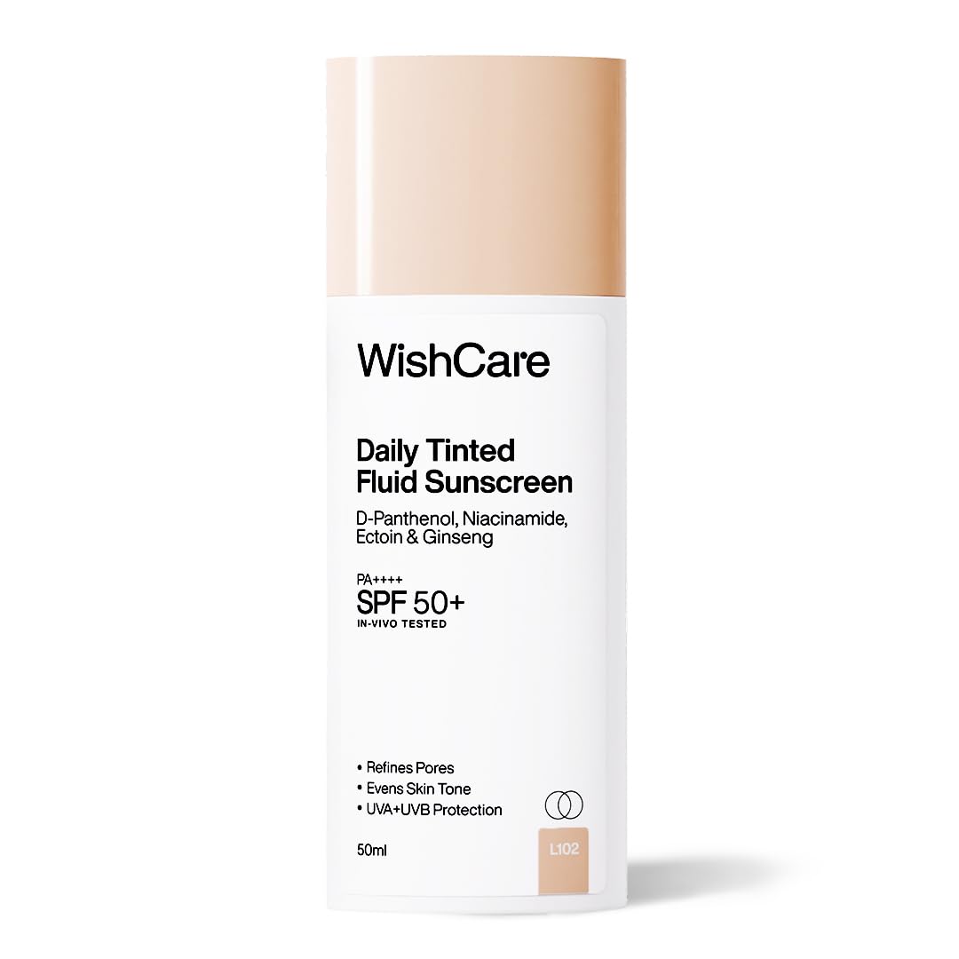 WishCare Daily Fluid Tinted Sunscreen SPF50 PA++++| L102 | Broad Spectrum Protection for all skin types | In-Vivo Tested Tinted Sun Screen | D-Panthenol, Niacinamide, Ectoin & Ginseng | Evens & Protects | 50ml