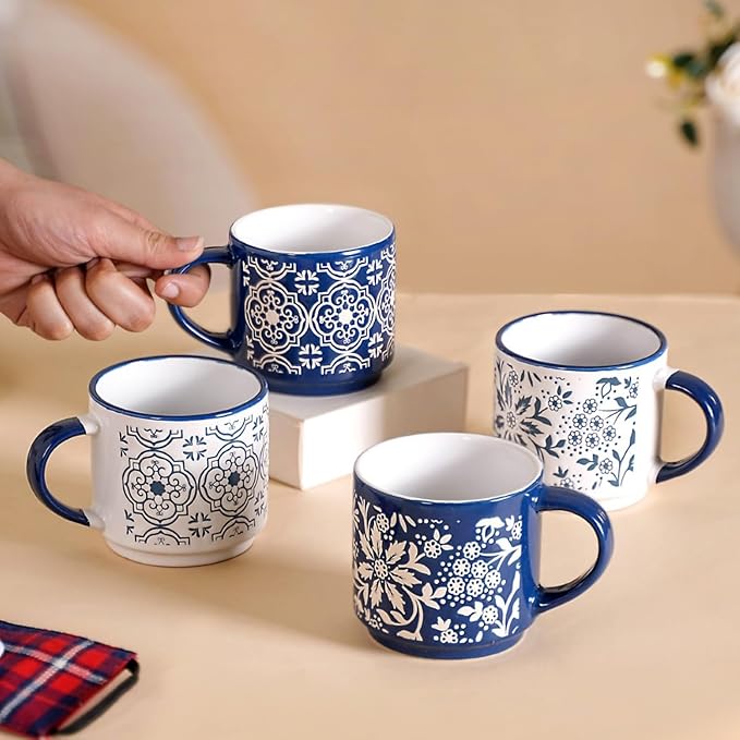 Nestasia Stackable Ceramic Cups Set of 4 (240 ml Each) | Microwave & Dishwasher Safe Tea & Coffee Cups with Glossy Finish | Ideal for Gifting (Floral Blue)