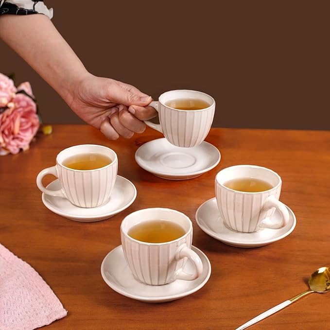 Nestasia Elegant Ceramic Tea Cup and Saucer Set of 4 | Fluted Design Tableware for Coffee, Green Tea, Herbal, Lemon and Gifting (125ml)