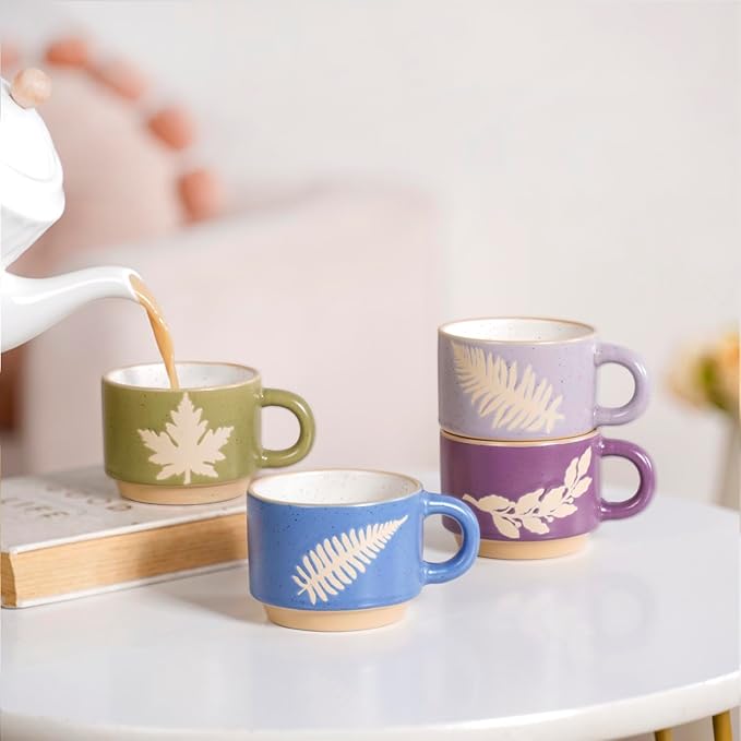 Nestasia Set of 4 Stackable Cups (145 ml Each) | Elegant Ceramic Coffee Mug Set with Embossed Leaf Design | Microwave & Dishwasher Safe Cups - Ideal for Gifting (Colourful)