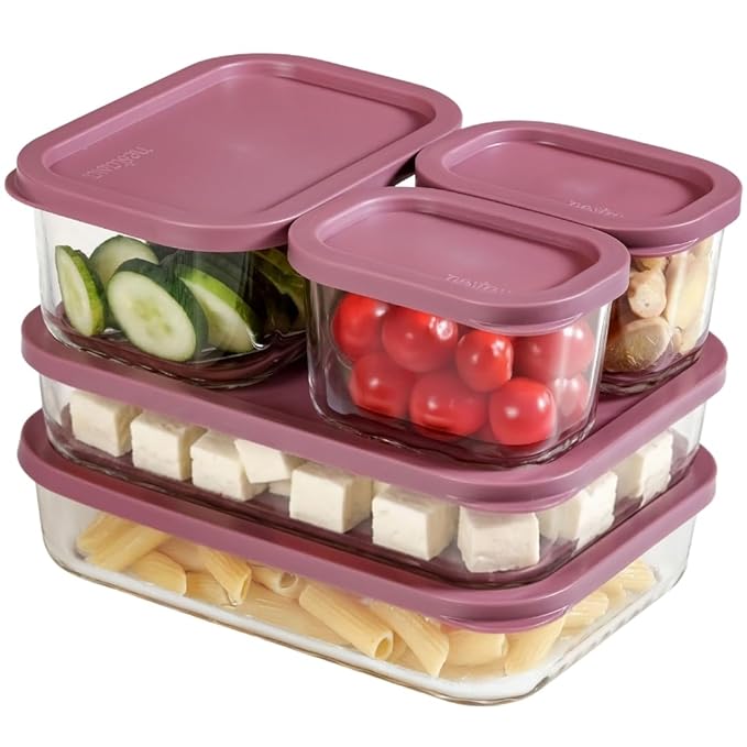 Nestasia Groovo Glass Containers for Fridge Storage Set of 5 (310ml x 2, 750ml x1, 1200ml x 2) - Transparent Stackable Glass Container with Lid, Microwave & Dishwasher Safe Containers (Purple)