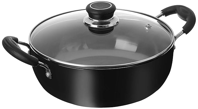 Amazon Brand - Solimo - Hard Anodized Deep Kadhai With Induction Bottom And Glass Lid (22 Cm), Black