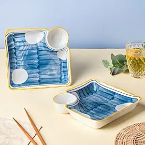 Nestasia Set of 2 Ceramic Chip and Dip Snack Plate with Dip Section | Microwave & Dishwasher Safe Starter Plates | Perfect for Fries, Momos, Sushi, Kebab (White & Blue)