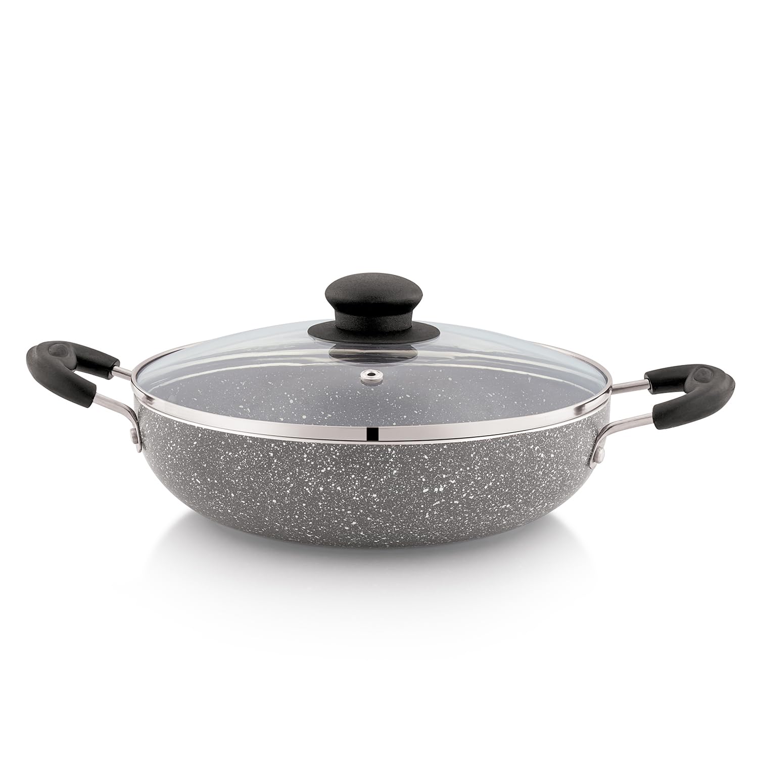 Amazon Solimo Non-Stick Kadai with Glass Lid | Granite Finish | Induction Base | PFOA Free | High Temperature Resistant Exterior Coating | 22 cm | Grey
