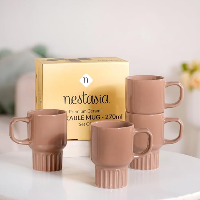 Nestasia Ceramic Stackable Cups Set of 4 (270ml Each) - Fluted Bottom Tea & Coffee Cups with Glossy Finish | Microwave & Dishwasher Safe Cups - Ideal for Gifting (Brown)