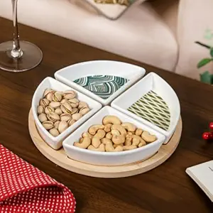 Nestasia Ceramic Serving Platter Set | 4 Small Sectioned Plates with 1 Circular Wooden Tray | 100% Food Safe Serving Tray Set - Perfect for Serving Sweets, Dips, Dry Fruits & Snacks (Green & White)