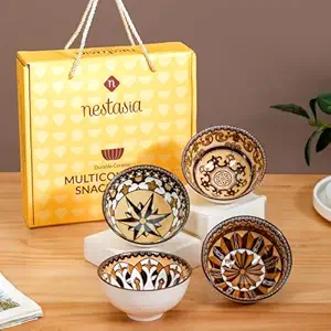 Nestasia Ceramic Bowl for Snacks (300ml) - Dishwasher & Microwave Safe Bowl Set of 4, Multipurpose Serving Bowls Set for Rice, Dal, Fruits, Salad | Brown Vintage Gift Bowl Set with Box for Daily Use
