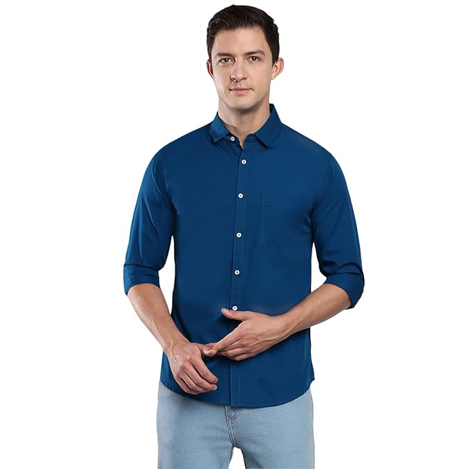 Dennis Lingo Men's Solid Blue Slim Fit Casual Shirt (AZ301_P-Blue_S)