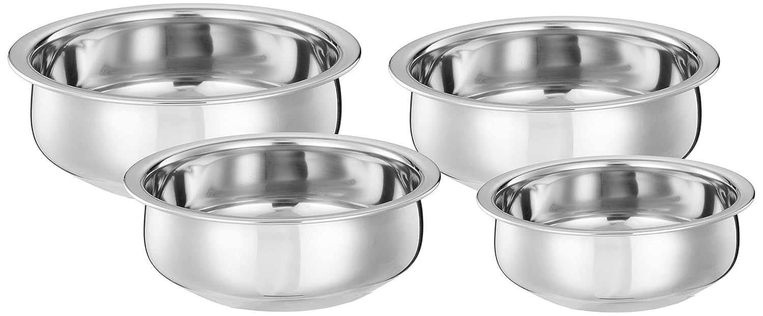 Amazon Brand - Solimo Stainless Steel Handi Set | 750, 1100, 1500 & 1900ml | Set of 4 | Silver