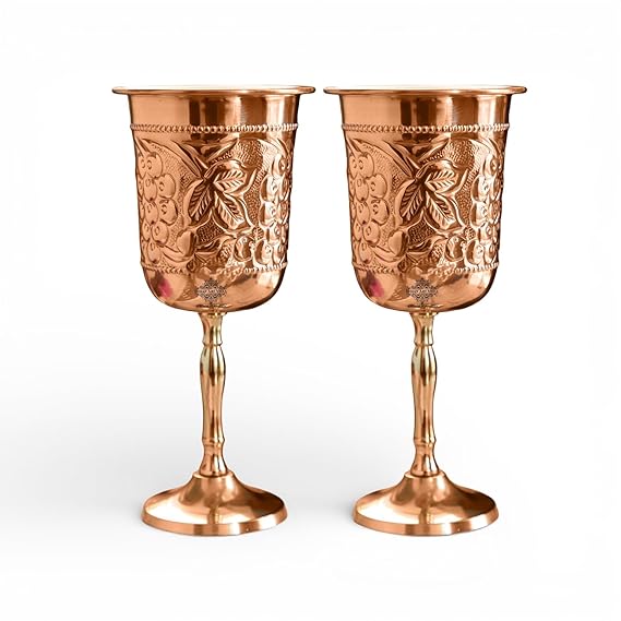 INDIAN ART VILLA Pure Copper Wine Glass with Grape Vines Embossed Design & Brass Bottom, Serving Drinking Wine Cocktail Bar Hotel Restaurant, Volume-300 ML Pack of - 2