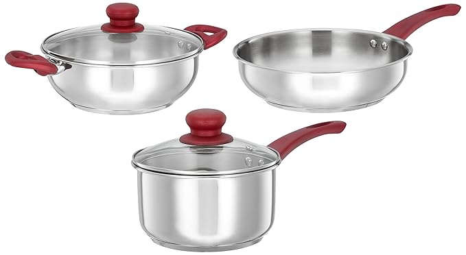 Amazon Brand - Solimo Stainless Steel 3 Pcs Cookware Set| Three Layer Impact Forged Bottom |Soft Touch Handles | Durable | Kadhai, Frying Pan- 22 Cm & Sauce Pan- 16 Cm | 1700, 2400,1800 ML | Silver