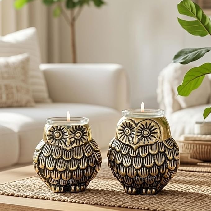 BEHOMA Aluminium Owls with Votives Set of Mother & Child,Statue for Home Decor Tabletop Living Room,Candle Holder Gift Showpiece for Mothers Day,Birthday,Anniversary,Votives Candle Included,16cm,15cm