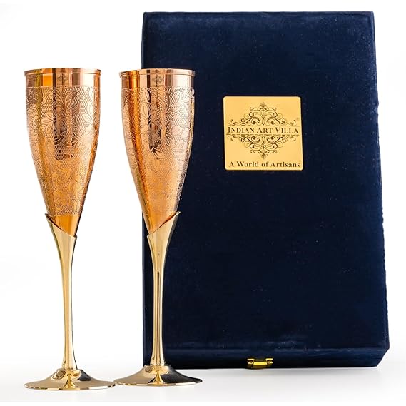 INDIAN ART VILLA Copper Champagne Wine Glass with Brass Stand, Embossed Design, Perfect for Parties, Flute Glass, Champagne Glasses - 2 Pieces with Velvet Gift Box