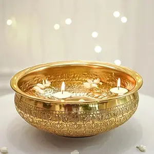 BEHOMA Classic Golden Aluminium Chitai Design 10" inch Urli | Navratri Durga Puja Indoor Center Table Flower Decorative Bowl | Urali for Haldi, Mehandi, Wedding Home Decor, Brass Finish 1Pc 1000 ml