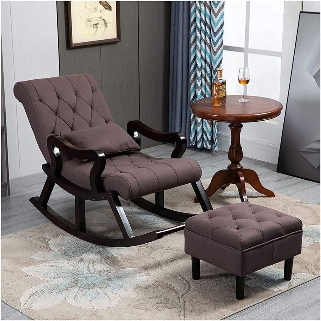 Solid Sheesham Wood Rocking Chair for Living Room, Arm Chair with Ottoman, Outdoor & Garden, Wooden Relaxing Chair with Foot Stool, Rosewood Legs, Brown, Pre-Assembled