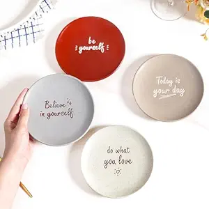 Nestasia Ceramic Round Snack Plate Set of 4 (15cm Each) - Inspiring Quotes Embossed Small Plates for Serving Snacks & Desserts | Microwave & Dishwasher Safe (White, Grey, Red, & Taupe)