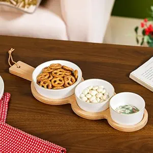 Nestasia Ceramic Serving Platter Set | 3 Small Microwave Safe Snack Bowls with 1 Wooden Tray | 100% Food Safe Tray Set - Perfect for Serving Dips, Dry Fruits & Snacks (Green & White)