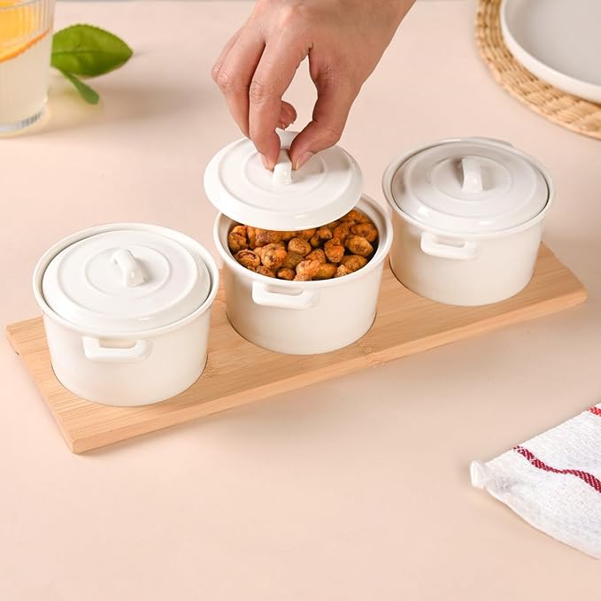 Nestasia Ceramic Snack Bowls with Lids & Bamboo Tray Set 250ml | Microwave & Dishwasher Safe, Eco-Friendly | Ideal for Snacks, Dips, Treats, Dry Fruits