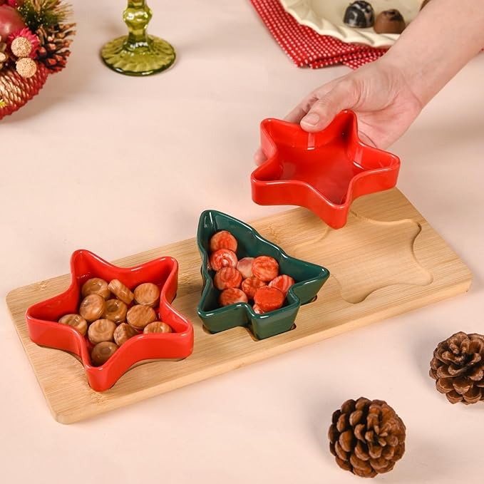 Nestasia Set of 3 Holiday Ceramic Snack Bowls with Bamboo Tray | Star & Tree Shaped, Dishwasher-Safe, Eco-Friendly, Festive Serving Dishes | Ideal for Appetizers, Treats, Snacks, Sweet, Dip & Gifting