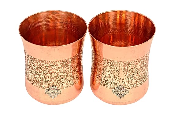 INDIAN ART VILLA Embossed Design Copper Glass Tumbler, Drinkware & Sevreware, 300 ML Each, Set of 2, Brown