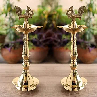 Indian Art Villa Pure Brass Shine Finish Stand/Pillar Diya/Deepak/Lamp/Lantern with Peacock Design, Pooja, Home Decor & Diwali Gift Item, Height-12 Inches, Set of 2