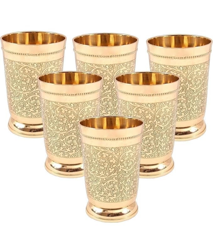 Shubhi Kitchenware's Premium Brass Embossed Glass Tumbler with Antique Engraving | Durable, Stylish and Perfect for Drinks - Ideal for Home, Office and Parties - Dishwasher Safe - 250ml (6)