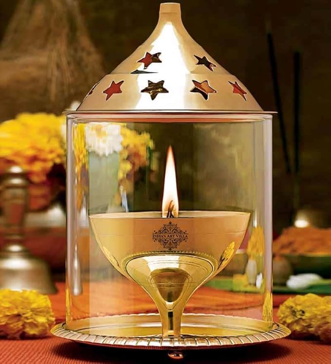 INDIAN ART VILLA Brass Akhand Diya with Molded Glass and Plate, Oval Shape, Oil Puja Lamp for Diwali Gifts Item, Temple Home Decor (18 cm)
