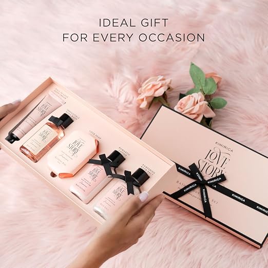 Kimirica Love Story Luxury Bath and Body Care Gift Set Box | Bath Salt, Body Wash, Body Lotion, Bathing Bar and Hand cream | Pack of 5 | For Men and Women | Pampering Kit for Birthday ,Anniversary & All Special Occasions | Premium Gift Packaging 100% Vegan