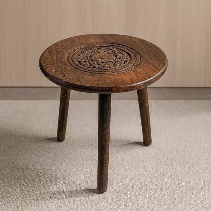 Wooden Table with Three Legs A Modern Round Coffee Table and Side Table for Small Spaces with Pillar, Wood Books, Magazines, and Plant Stand for Living Room Entryway Table. (Bronze)