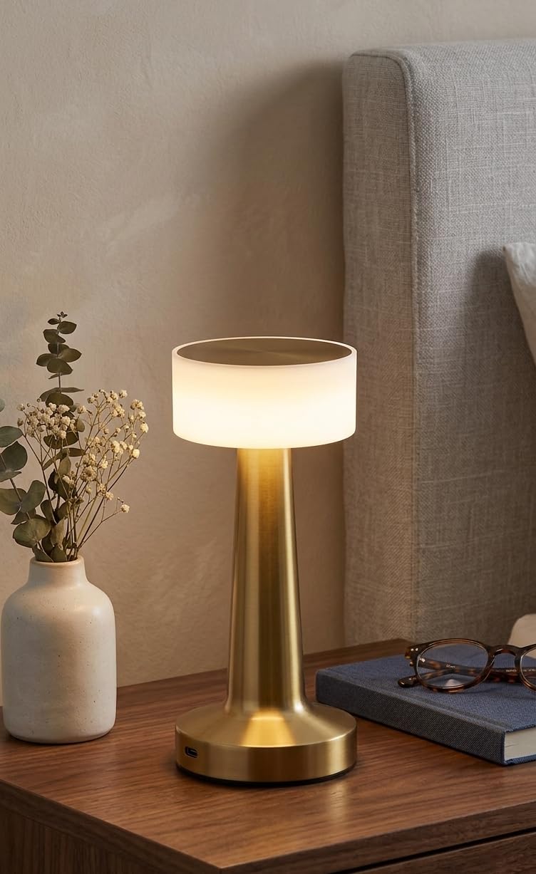 NYRWANA Table Lamp | 2000mAh Battery | Home Decor, Lamps for Bedroom, Lamp for Living Room, Stepless Dimming, 3 Colour Touch Control, USB-c Charging (Metal - Gold)