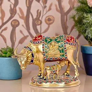 Amazon Brand - Umi Kamadhenu Cow God Idol Religious Sculpture Figurine in Brass (Height 7 Inch)