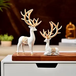 Amazon Basics Charming Polyresin Reindeer Décor | A Timeless Token of Grace & Good Luck | Elevate Your Festive & Everyday Spaces – Pack of 2, White & Golden