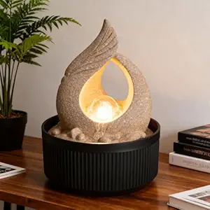 amazon basics Tabletop Fountain with LED | Sand Texture, Light Beige with Black | Polyresin & Plastic | 0.8L Tank | Low Noise Motor | IPX8 Rated | 17×17×24 cm