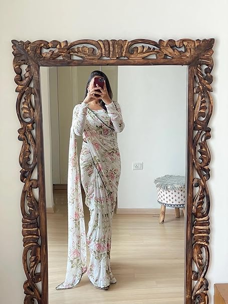 Sidhidata Women's Georgette Digital Printed Ready To Wear one Minute Saree With Unstitched Blouse Piece
