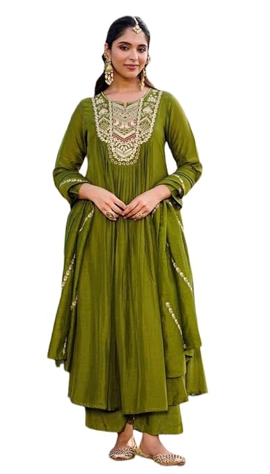 Nermosa Women Embroidery Solid Anarkali Kurta and Pant Set with Dupatta