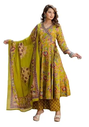 Nermosa Women Printed Anarkali Kurta and Pant Set with Dupatta