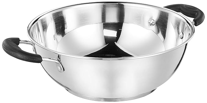 Amazon Brand - Solimo Stainless Steel Kadhai | Gas and Induction Compatible | Heavy Bottom for Better Heat Retention| 25 cm Dia | 3 L Capacity | Height: 15 cm | Diameter: 25 cm | Silver, 3000 ml