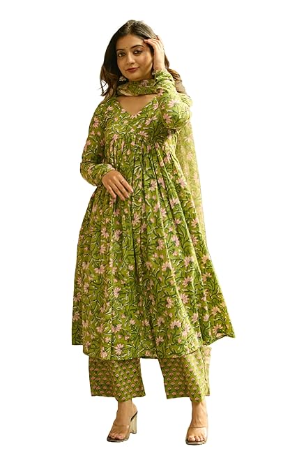 Nermosa Women Printed Anarkali Kurta and Pant Set with Dupatta