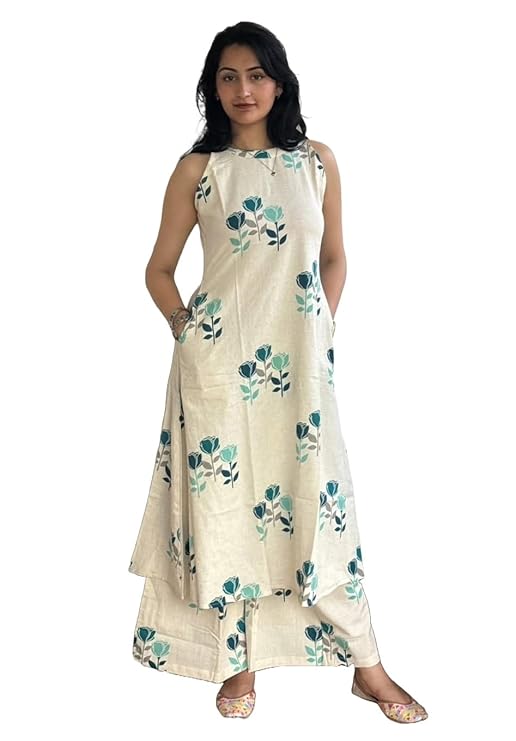 Nermosa Women Pure Cotton Kurta Palazzo Set | Sleeveless Printed Kurta with Palazzo Pants | Summer Friendly, Office Wear Co-Ord Set