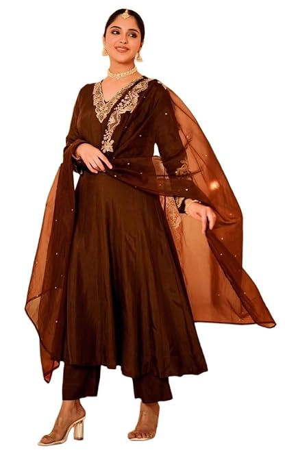 Nermosa Women Solid Anarkali Kurta and Pant Set with Dupatta | Solid Kurta Set | Embroidery Kurta Set | Women Kurta Set |