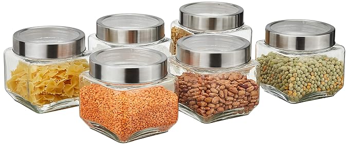 Amazon Brand - Solimo Square Glass Storage Containers, Set Of 6, 910 Ml Each, Transparent