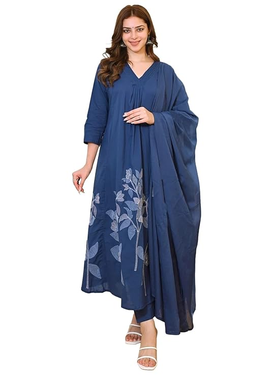 Nermosa Women Solid A-line Kurta and Pant set With Dupatta | Women Kurta Set | Solid Suit | Embroidery Kurta Set |
