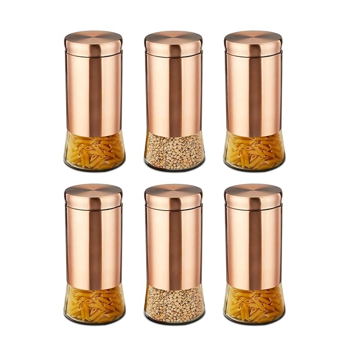 Amazon Brand - Solimo Rose Gold Bell Bottom Glass Jar | Multipurpose Kitchen Organizer with See-Through Window | Glass/Stainless Steel | 1250 ml Set of 6