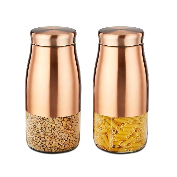 Amazon Brand - Solimo Rose Gold Tapered Glass Jar | Multipurpose Kitchen Organizer with See-Through Window | 1800 ml Set of 2